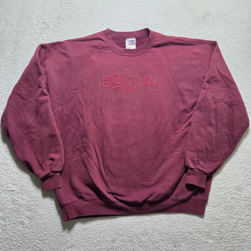 Vintage 90s Jerzees Sweatshirt Mens XL Burgundy Las Vegas Hibiscus Distressed